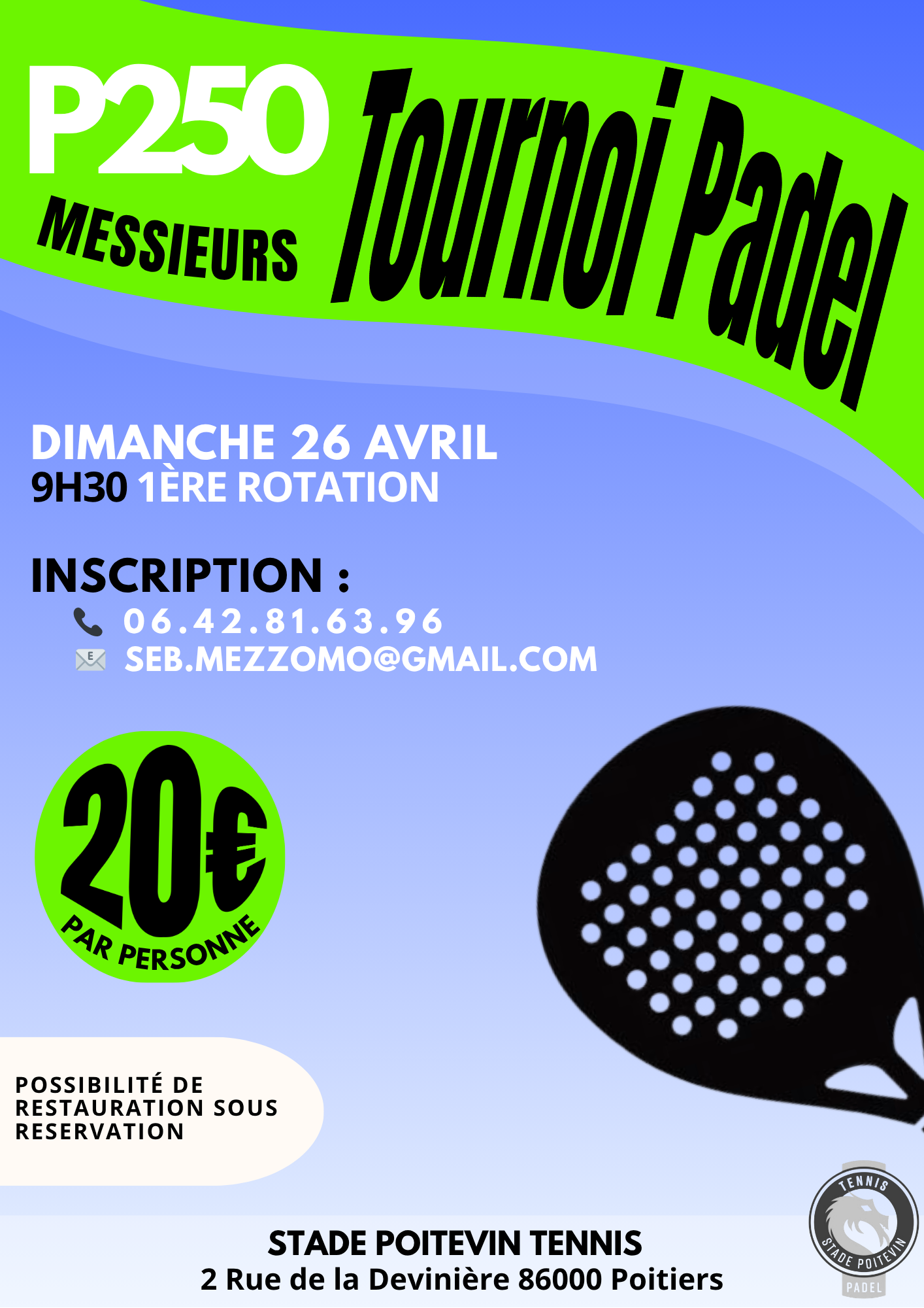 Tournoi P250 - dimanche 26 avril 2026